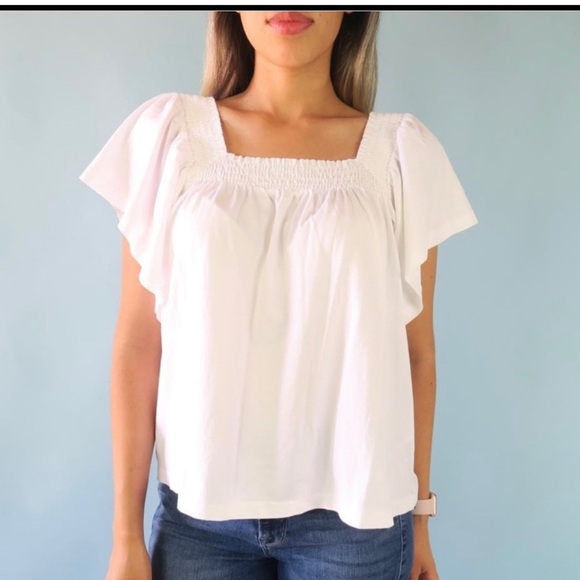 A New Day White Smocked Square Neck Flutter Sleeves Top XSmall New - Picture 1 of 11